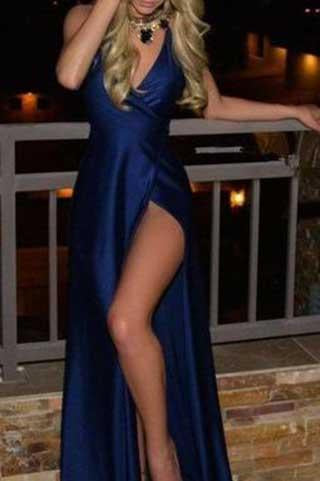 Royal Blue Long Cheap Slit Satin Deep V-Neck Sleeveless Floor-Length Prom Dresses RS830