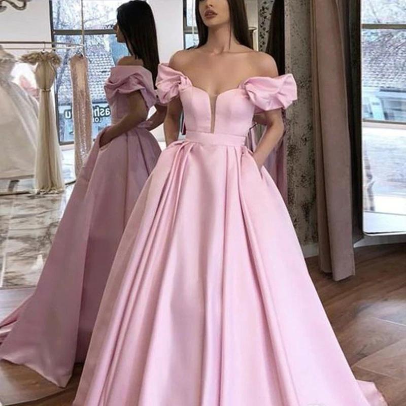Pink Puffy Sleeves Satin Prom Dresses A Line Long Party Evening Dresses With Pockets