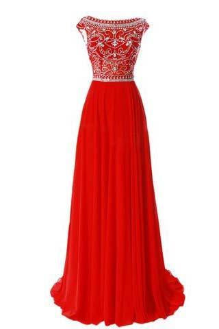 Red Long Chiffon Silver Beaded Chiffon Gown With Cap Sleeves Burgundy Prom Dresses RS766