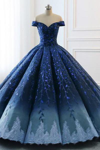 Ball Gown Navy Blue Lace Applique Ombre Off the Shoulder Princess Quinceanera Dresse RS269