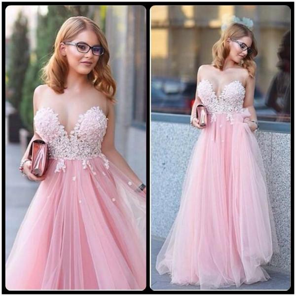 Pink Tulle Scoop Neck Princess Sweetheart Floor-length with Appliques Lace Prom Dresses RS807
