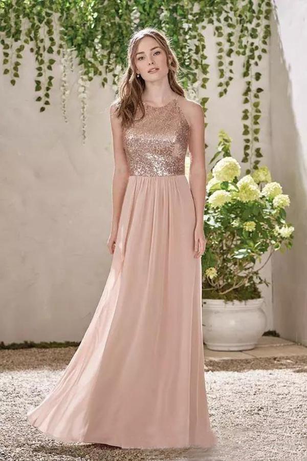 Rose Gold A Line Backless Sequins Chiffon Cheap Beach Bridesmaid Dress