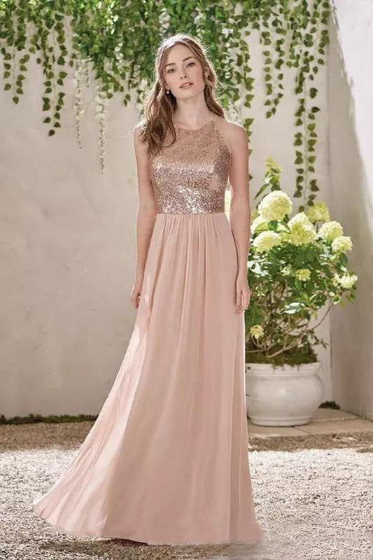 Rose Gold A Line Backless Sequins Chiffon Cheap Beach Bridesmaid Dress