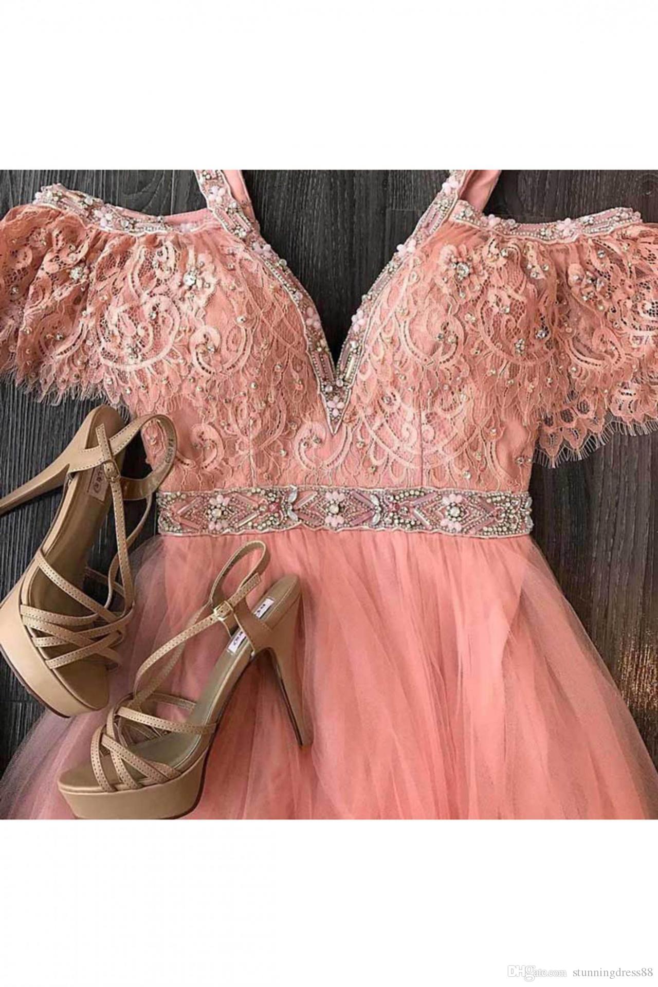 Pretty tulle lace V-neck slit off-shoulder long dress summer prom dresses RS812