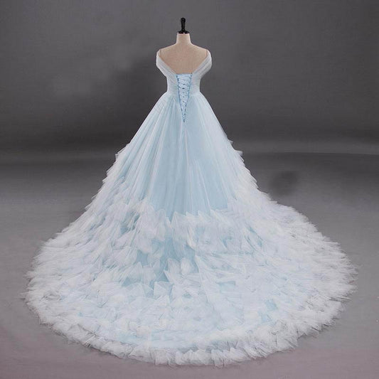 Light Blue Off the Shoulder Tulle Ball Gown Prom Dresses Quinceanera Dresses