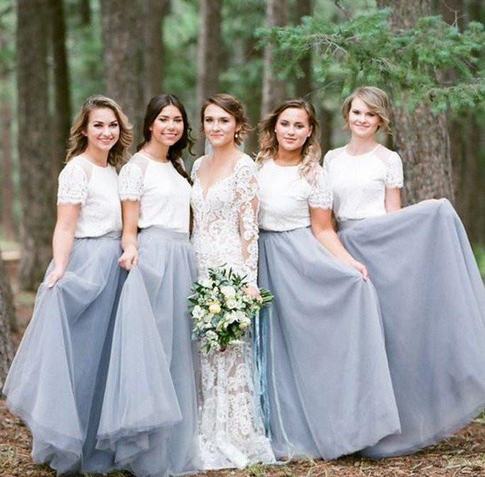 Short Sleeve White Top Light Grey Tulle Skirt Popular Floor-Length Bridesmaid Dresses RS519