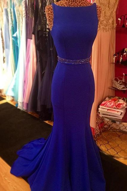 Royal Blue Scoop Mermaid Sleeveless Backless Beads Spandex Prom Dresses RS618