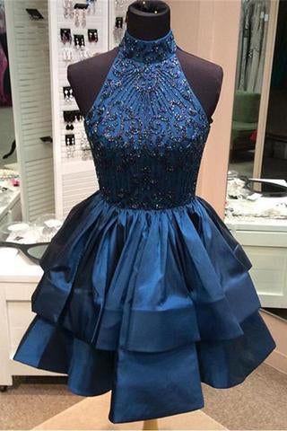 Pretty A-line High Neck Above-knee Beaded Dark Blue Backless Short Homecoming Dresses RS165