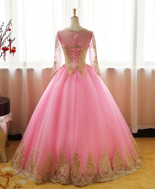 Ball Gown Long Sleeve Gold Rose Red Tulle Round Neck Lace up Prom Quinceanera Dresses RS147