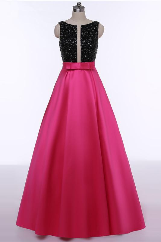 Red Open Back Beads Bowknot with Pockets Round Neck Sleeveless Prom Dresses RS511