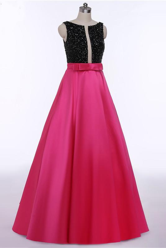Red Open Back Beads Bowknot with Pockets Round Neck Sleeveless Prom Dresses RS511