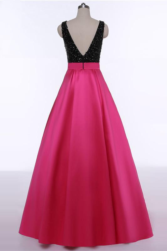 Red Open Back Beads Bowknot with Pockets Round Neck Sleeveless Prom Dresses RS511
