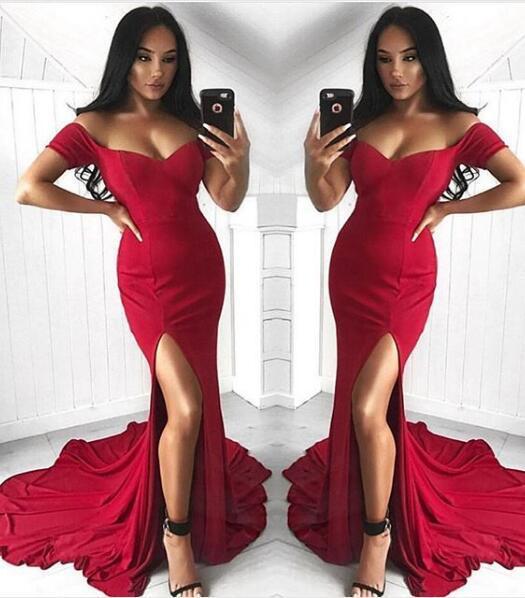 Sexy Mermaid Off the Shoulder Slit Sweetheart Short Sleeve Satin Long Prom Dresses RS40