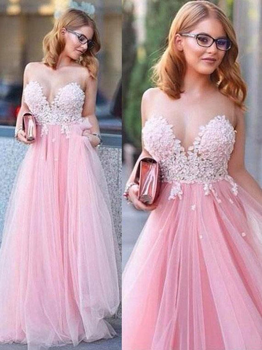Pink Tulle Scoop Neck Princess Sweetheart Floor-length with Appliques Lace Prom Dresses RS807
