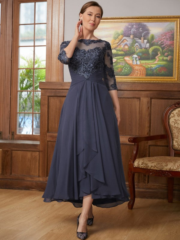Stella A-Line/Princess Chiffon Applique Scoop 3/4 Sleeves Asymmetrical Mother of the Bride Dresses DSP0020346