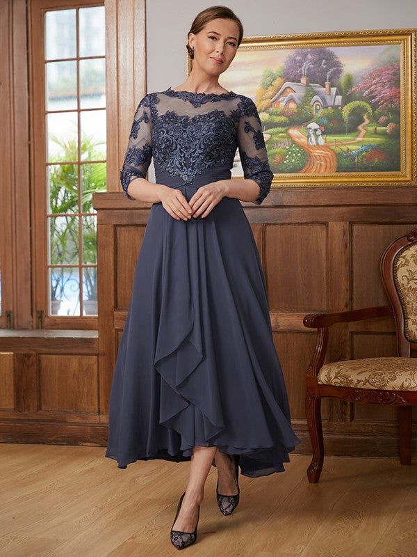 Stella A-Line/Princess Chiffon Applique Scoop 3/4 Sleeves Asymmetrical Mother of the Bride Dresses DSP0020346
