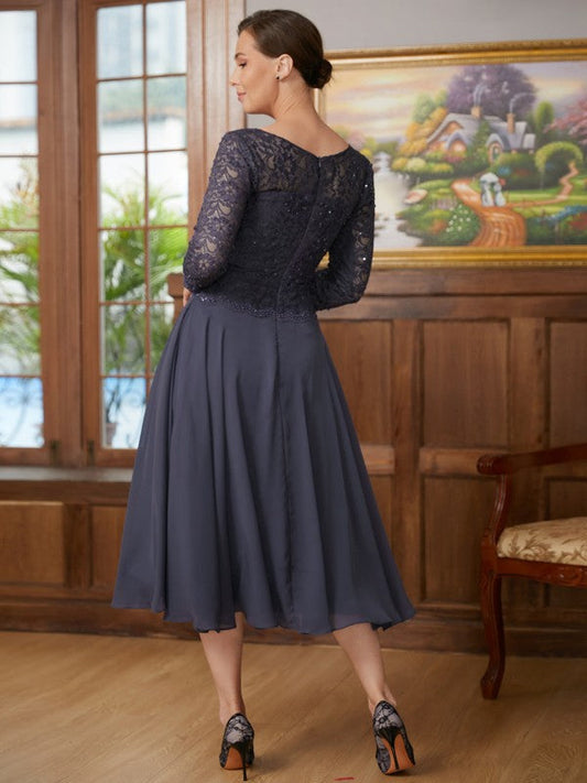 Nadine A-Line/Princess Chiffon Lace Scoop 3/4 Sleeves Tea-Length Mother of the Bride Dresses DSP0020347