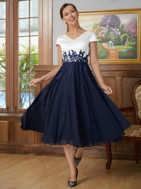 Lucy A-Line/Princess Chiffon Applique V-neck Short Sleeves Tea-Length Mother of the Bride Dresses DSP0020349