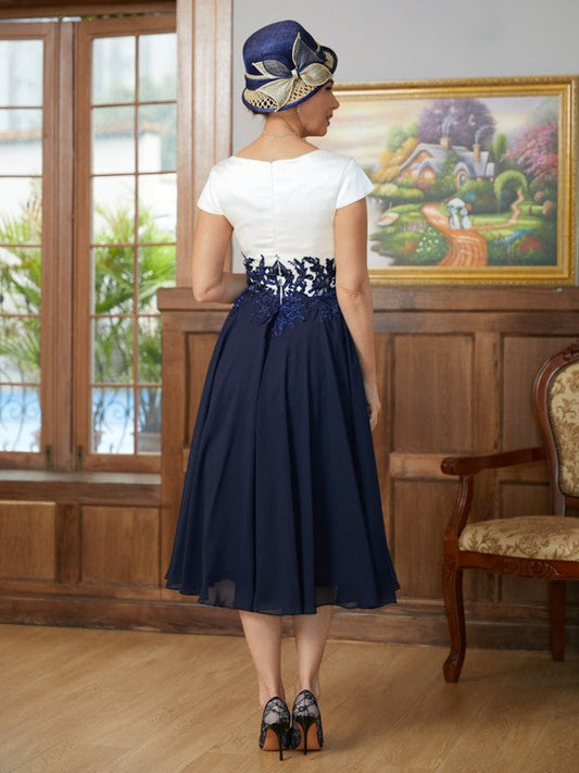 Lucy A-Line/Princess Chiffon Applique V-neck Short Sleeves Tea-Length Mother of the Bride Dresses DSP0020349
