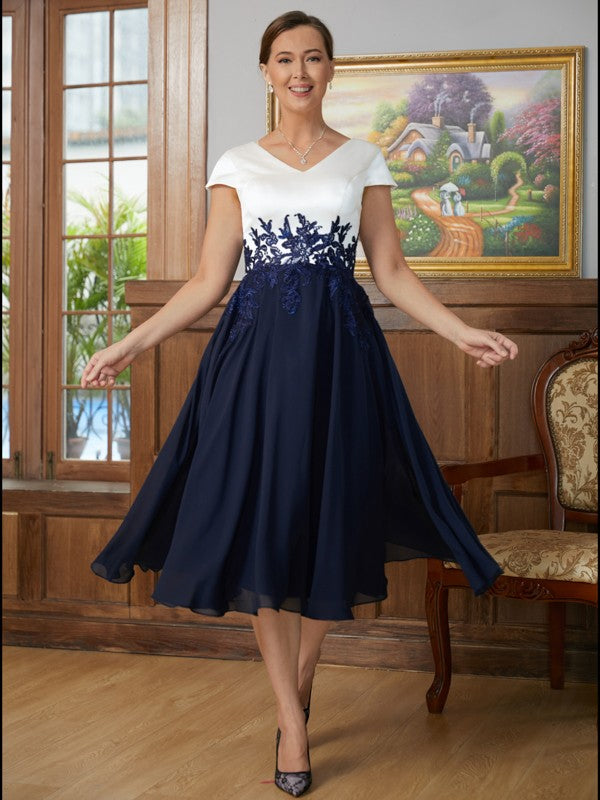Lucy A-Line/Princess Chiffon Applique V-neck Short Sleeves Tea-Length Mother of the Bride Dresses DSP0020349