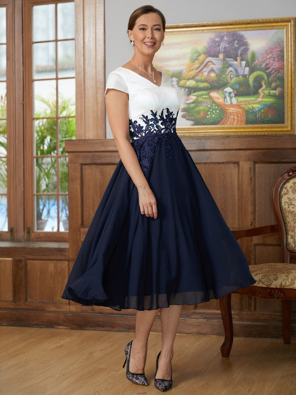 Lucy A-Line/Princess Chiffon Applique V-neck Short Sleeves Tea-Length Mother of the Bride Dresses DSP0020349
