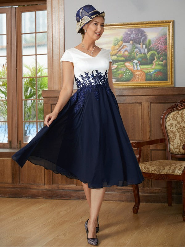 Lucy A-Line/Princess Chiffon Applique V-neck Short Sleeves Tea-Length Mother of the Bride Dresses DSP0020349
