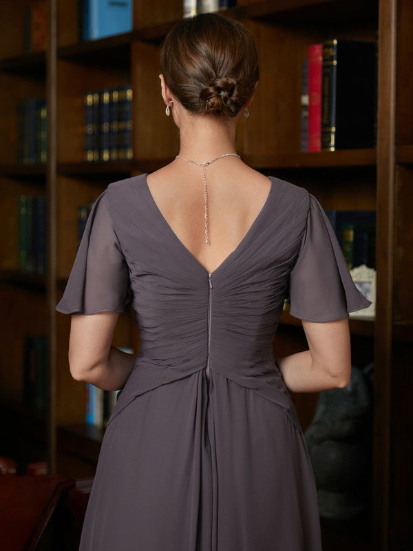 Angeline A-Line/Princess Chiffon Ruched V-neck Short Sleeves Floor-Length Mother of the Bride Dresses DSP0020304