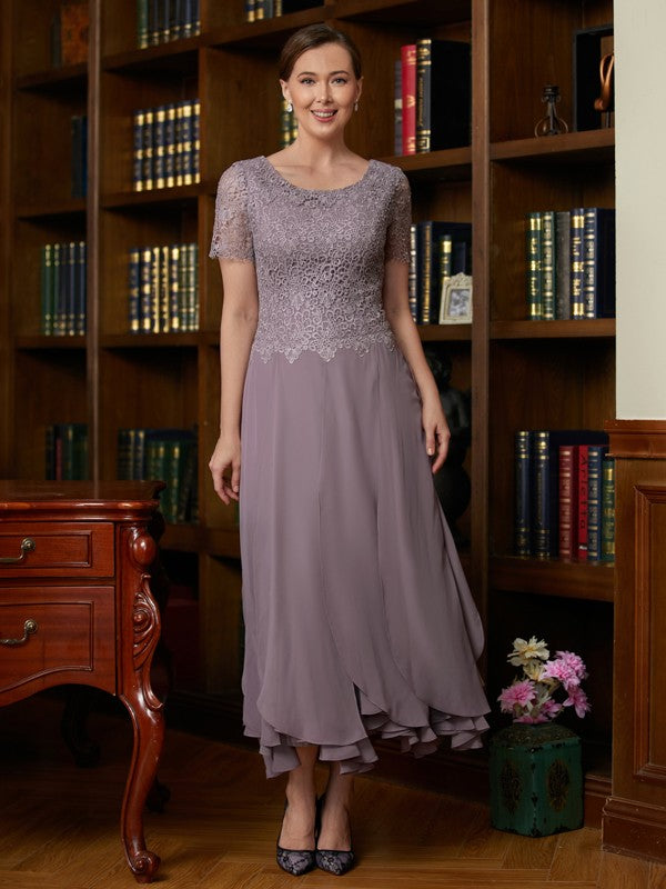 Bella A-Line/Princess Chiffon Lace Scoop Short Sleeves Ankle-Length Mother of the Bride Dresses DSP0020353
