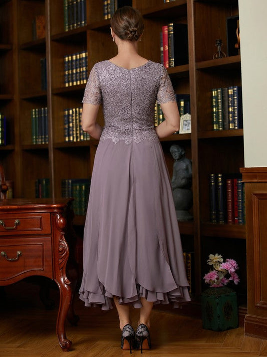 Bella A-Line/Princess Chiffon Lace Scoop Short Sleeves Ankle-Length Mother of the Bride Dresses DSP0020353