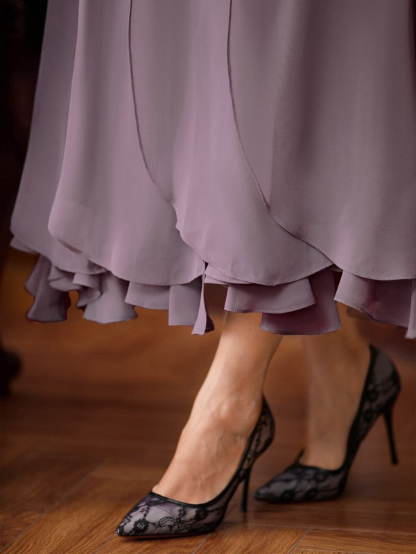 Bella A-Line/Princess Chiffon Lace Scoop Short Sleeves Ankle-Length Mother of the Bride Dresses DSP0020353