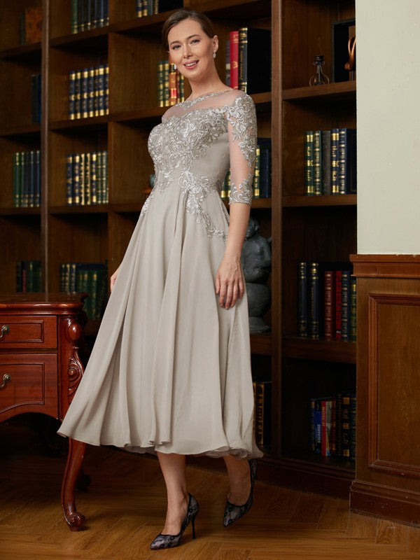 Caroline A-Line/Princess Chiffon Lace Scoop 3/4 Sleeves Tea-Length Mother of the Bride Dresses DSP0020300