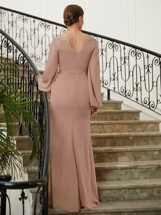 Clara A-Line/Princess Chiffon Applique V-neck Long Sleeves Floor-Length Mother of the Bride Dresses DSP0020313