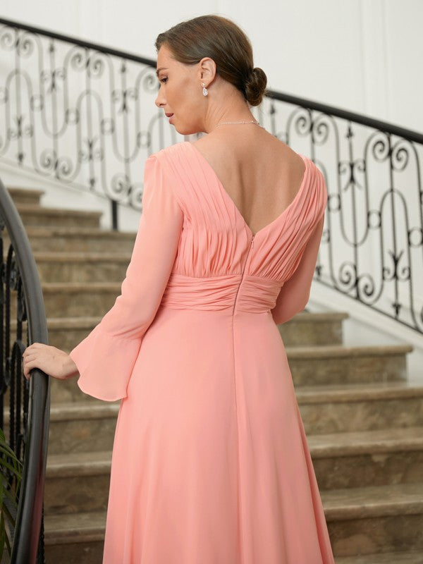 Lucy A-Line/Princess Chiffon Ruched V-neck Long Sleeves Sweep/Brush Train Mother of the Bride Dresses DSP0020305