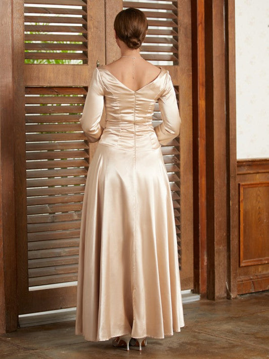 Riley A-Line/Princess Elastic Woven Satin Ruched V-neck 3/4 Sleeves Ankle-Length Mother of the Bride Dresses DSP0020362