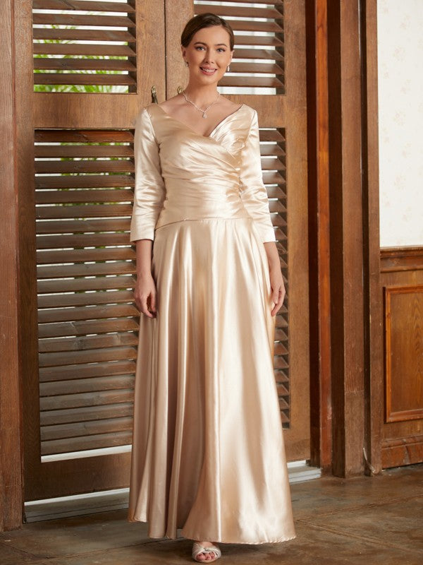 Riley A-Line/Princess Elastic Woven Satin Ruched V-neck 3/4 Sleeves Ankle-Length Mother of the Bride Dresses DSP0020362