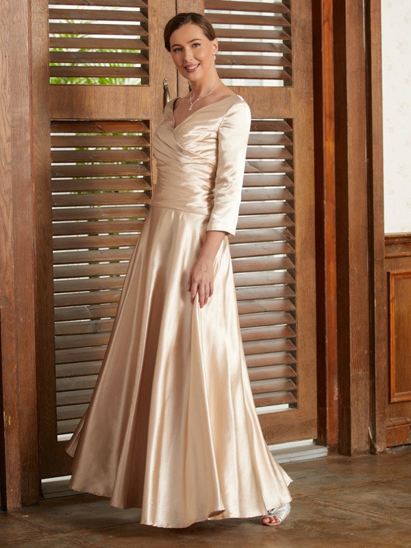 Riley A-Line/Princess Elastic Woven Satin Ruched V-neck 3/4 Sleeves Ankle-Length Mother of the Bride Dresses DSP0020362