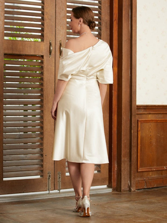 Deborah A-Line/Princess Charmeuse Ruched Off-the-Shoulder 1/2 Sleeves Tea-Length Mother of the Bride Dresses DSP0020363