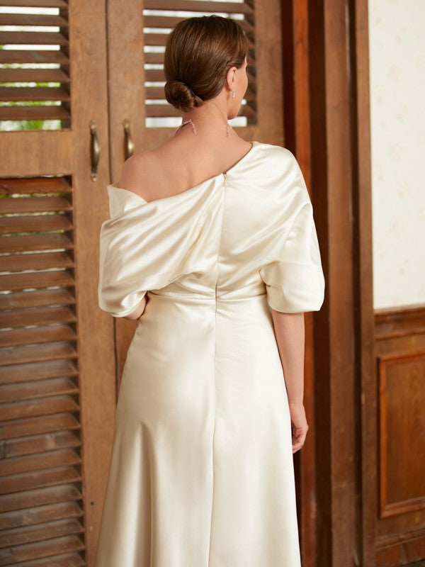 Deborah A-Line/Princess Charmeuse Ruched Off-the-Shoulder 1/2 Sleeves Tea-Length Mother of the Bride Dresses DSP0020363