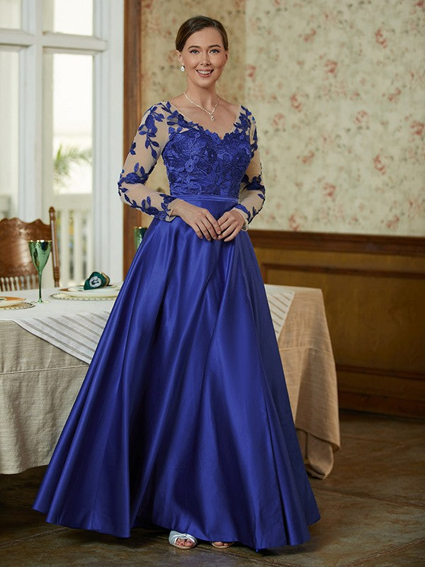 Lucy A-Line/Princess Satin Applique V-neck Long Sleeves Floor-Length Mother of the Bride Dresses DSP0020358