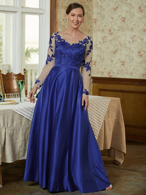 Lucy A-Line/Princess Satin Applique V-neck Long Sleeves Floor-Length Mother of the Bride Dresses DSP0020358