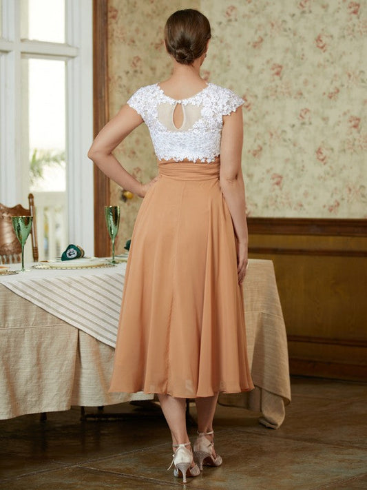 Wendy A-Line/Princess Chiffon Lace V-neck Sleeveless Tea-Length Mother of the Bride Dresses DSP0020364