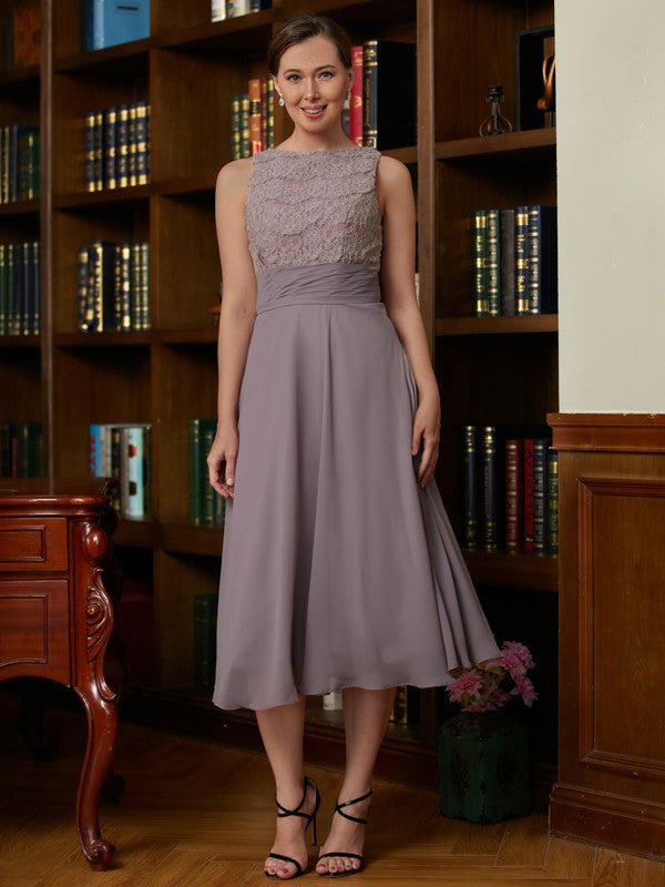LuLu A-Line/Princess Chiffon Lace Scoop Sleeveless Tea-Length Mother of the Bride Dresses DSP0020366