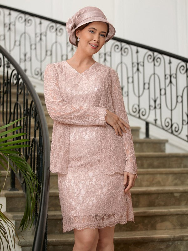 Christine Sheath/Column Silk like Satin Lace V-neck Sleeveless Knee-Length Mother of the Bride Dresses DSP0020369