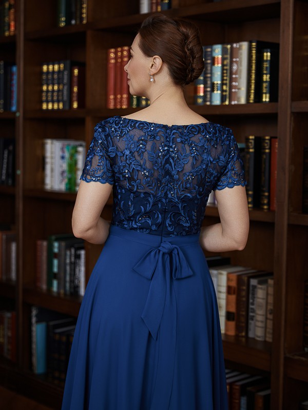 Pru A-Line/Princess Chiffon Applique Bateau Short Sleeves Asymmetrical Mother of the Bride Dresses DSP0020281