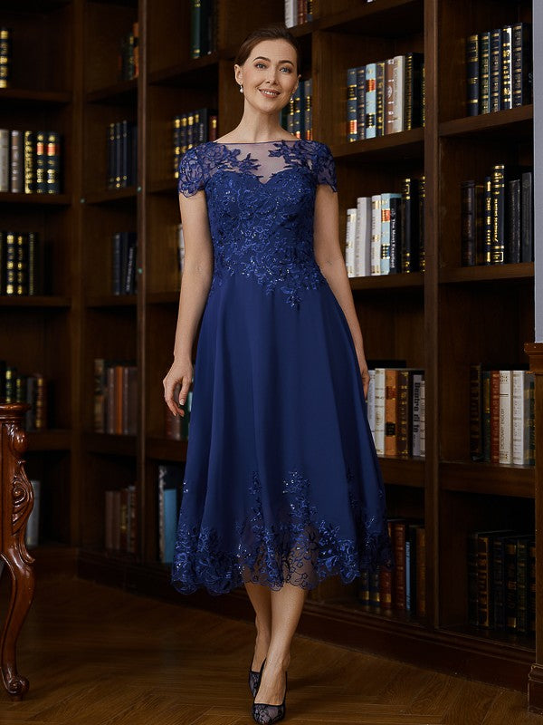 Eve A-Line/Princess Chiffon Applique Bateau Short Sleeves Tea-Length Mother of the Bride Dresses DSP0020275