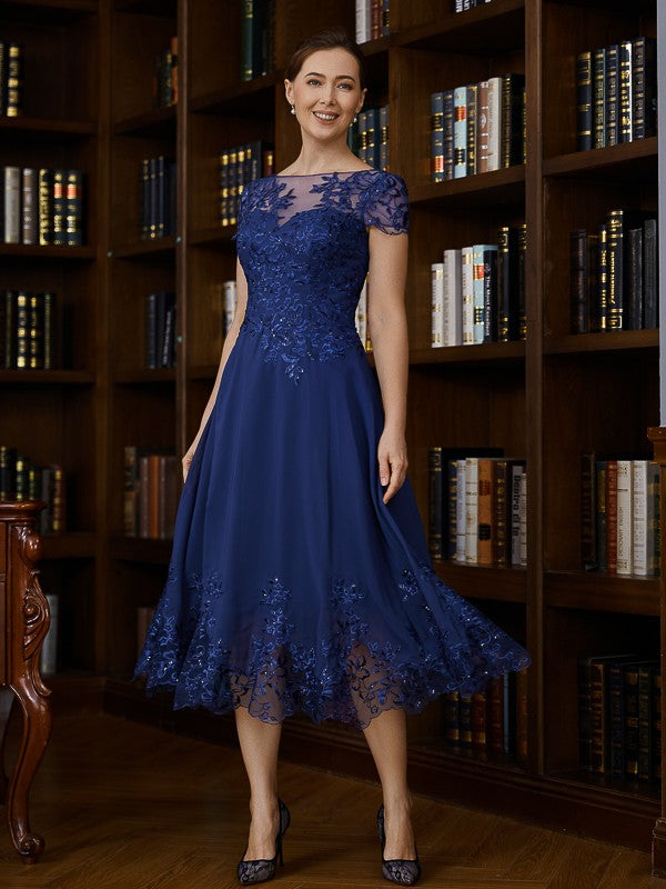 Eve A-Line/Princess Chiffon Applique Bateau Short Sleeves Tea-Length Mother of the Bride Dresses DSP0020275