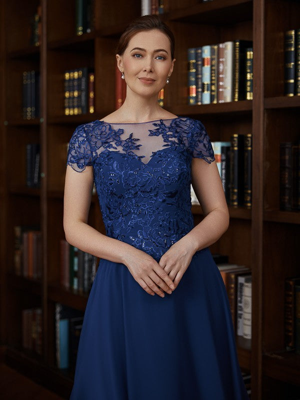 Eve A-Line/Princess Chiffon Applique Bateau Short Sleeves Tea-Length Mother of the Bride Dresses DSP0020275