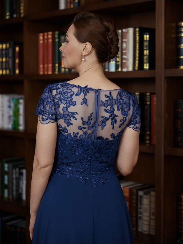 Eve A-Line/Princess Chiffon Applique Bateau Short Sleeves Tea-Length Mother of the Bride Dresses DSP0020275