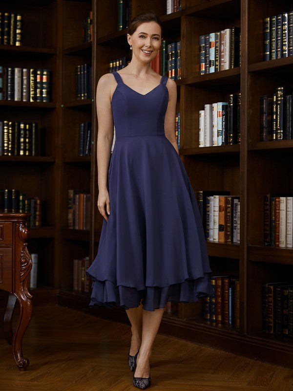 Camille A-Line/Princess Chiffon Ruched V-neck Sleeveless Tea-Length Mother of the Bride Dresses DSP0020277