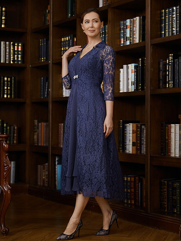 Camille A-Line/Princess Chiffon Ruched V-neck Sleeveless Tea-Length Mother of the Bride Dresses DSP0020277